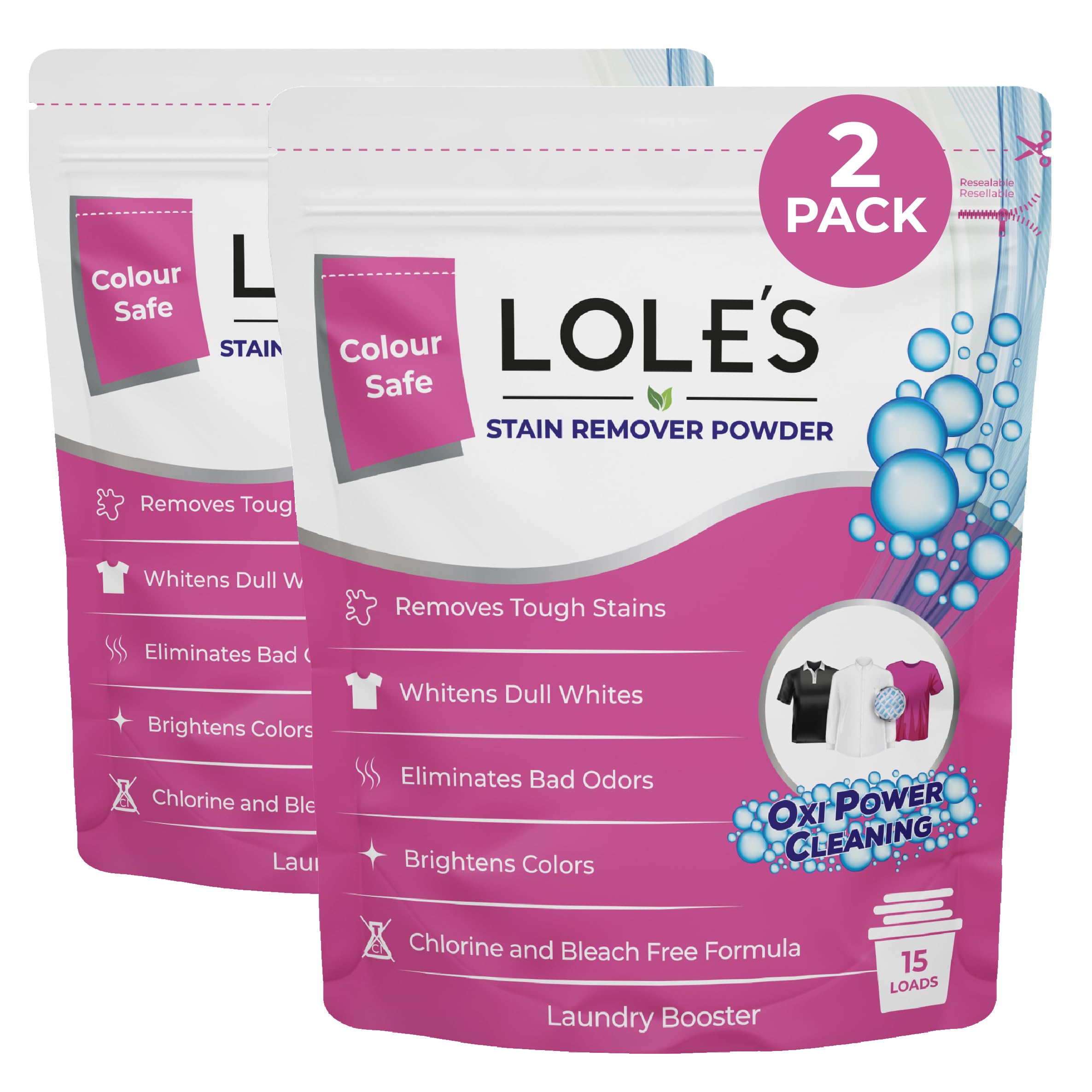 LOLE'S Stain Remover Powder for Clothes & Laundry - Mineral Based Oxygen Bleach - Laundry Booster with Sodium Percarbonate, Safe for Baby Clothes - 2 x 750 gr